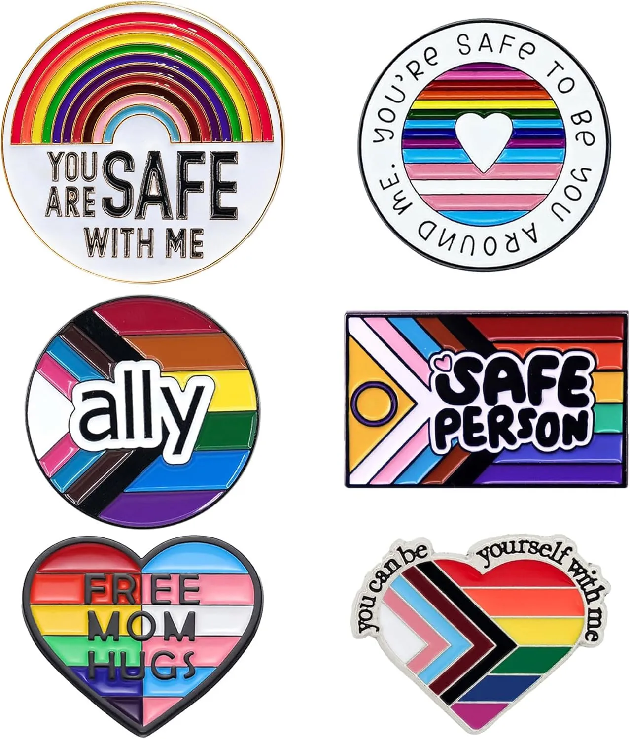 Pride Pins 6PCS You Are Safe with Me Pin Set LGBT Rainbow Gay Lesbian Trans Ally Pins Flag Heart Shape Pin Jewelry Pack for Clothes, Shirts, Ties, Suit Lapels, Jackets, Backpack Bag LGBTQ Accessories
