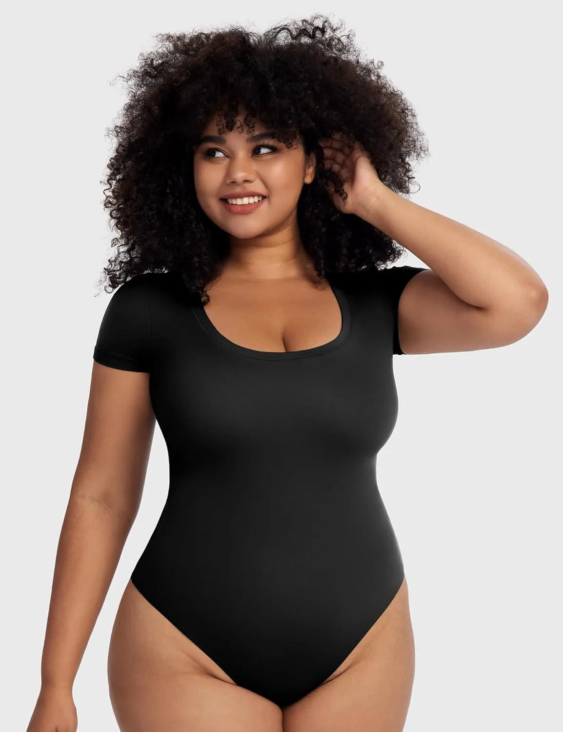 PUMIEY Women's Scoop Neck Short Sleeve Bodysuit Slimming Fit Body suit Top Smoke Cloud Pro Collection