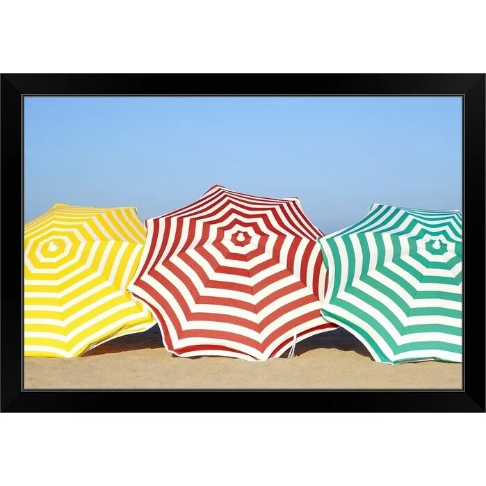 "Colorful umbrellas on beach" Black Framed Print