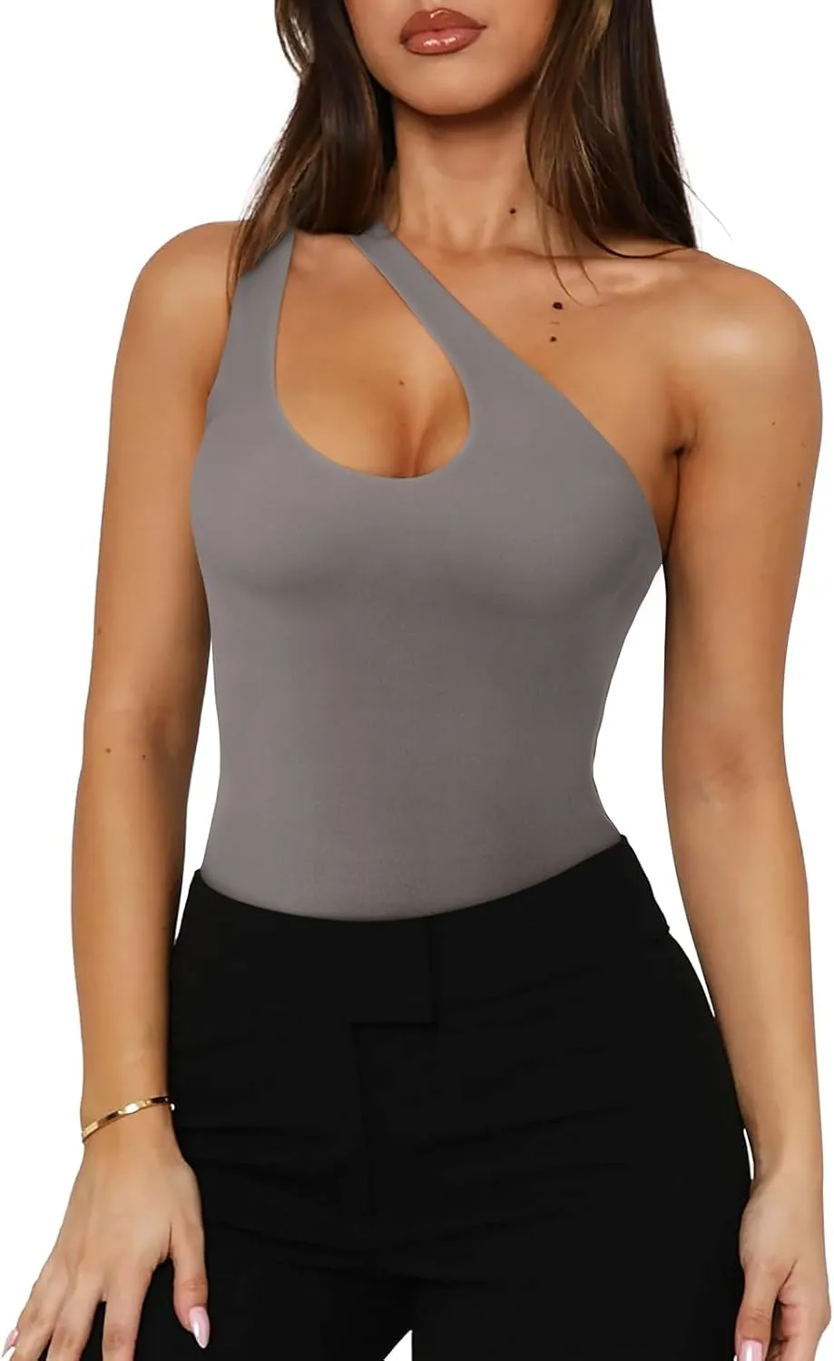 REORIA Butsmooth Women's Trendy Sexy Plunge One Shoulder Sleeveless V Backless Going Out Tank Bodysuits Tops
