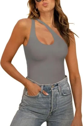 REORIA Butsmooth Women's Trendy Sexy Plunge One Shoulder Sleeveless V Backless Going Out Tank Bodysuits Tops