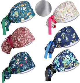 Satin Lined Scrub Caps Women Adjustable Nurse Surgical Hat with Buttons Sweatband Ponytail Working Cap with Tie Back