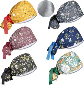 Satin Lined Scrub Caps Women Adjustable Nurse Surgical Hat with Buttons Sweatband Ponytail Working Cap with Tie Back