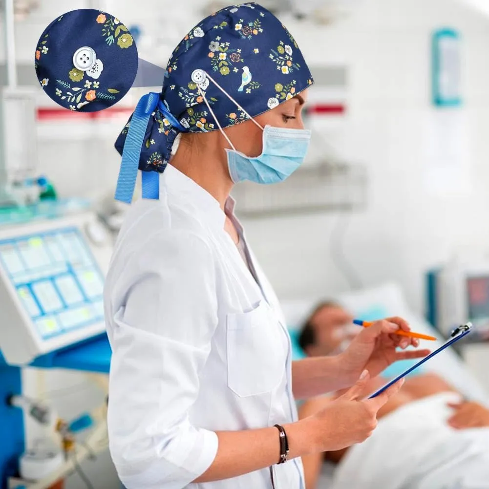Satin Lined Scrub Caps Women Adjustable Nurse Surgical Hat with Buttons Sweatband Ponytail Working Cap with Tie Back