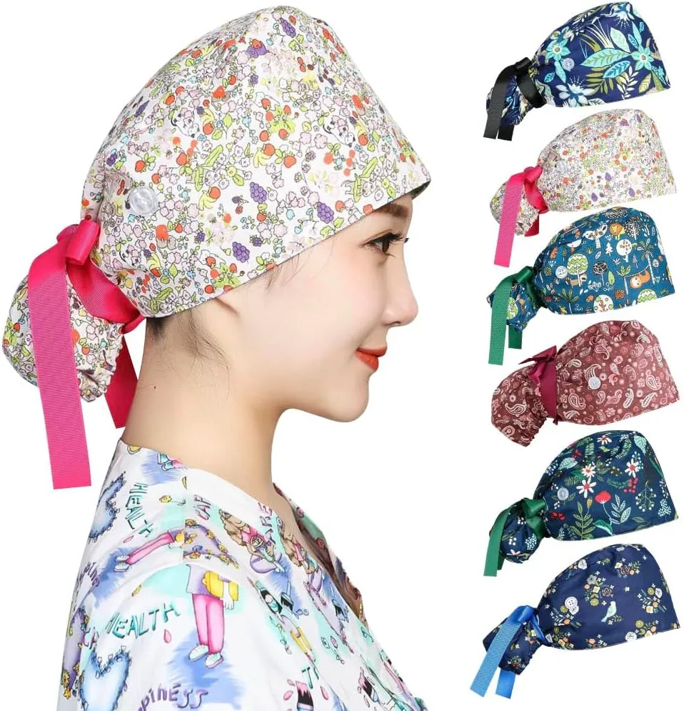 Satin Lined Scrub Caps Women Adjustable Nurse Surgical Hat with Buttons Sweatband Ponytail Working Cap with Tie Back