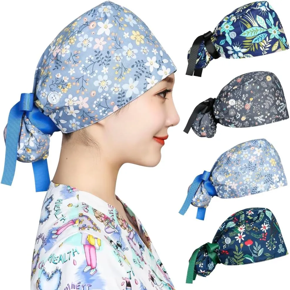 Satin Lined Scrub Caps Women Adjustable Nurse Surgical Hat with Buttons Sweatband Ponytail Working Cap with Tie Back