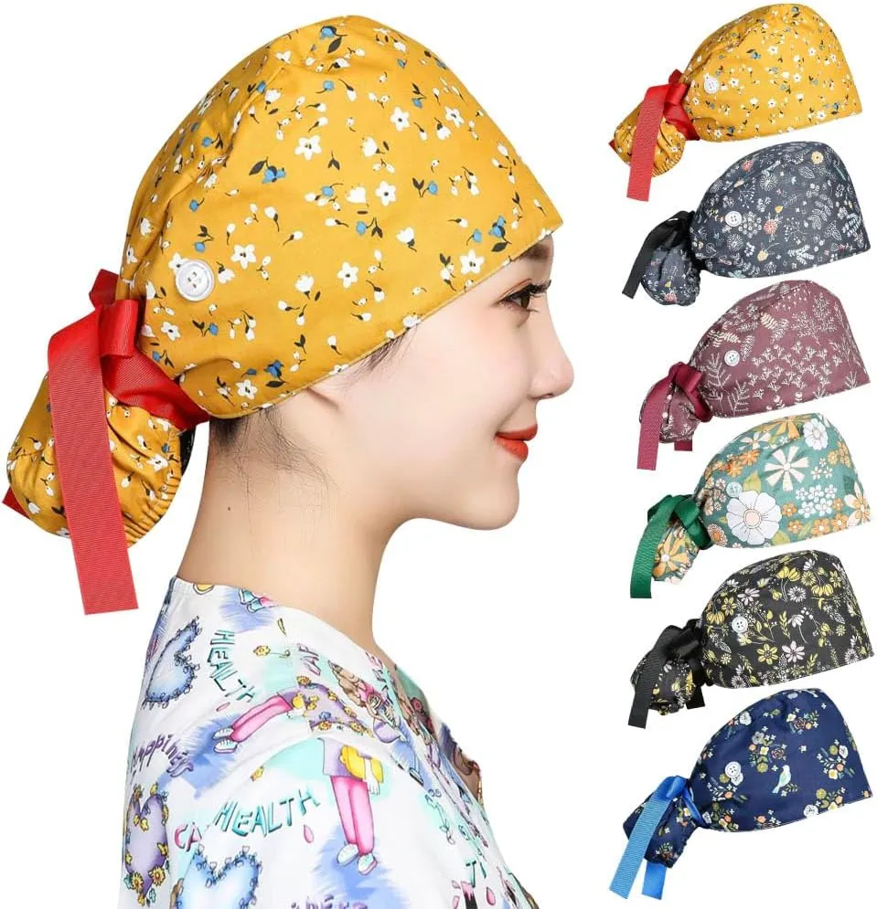 Satin Lined Scrub Caps Women Adjustable Nurse Surgical Hat with Buttons Sweatband Ponytail Working Cap with Tie Back