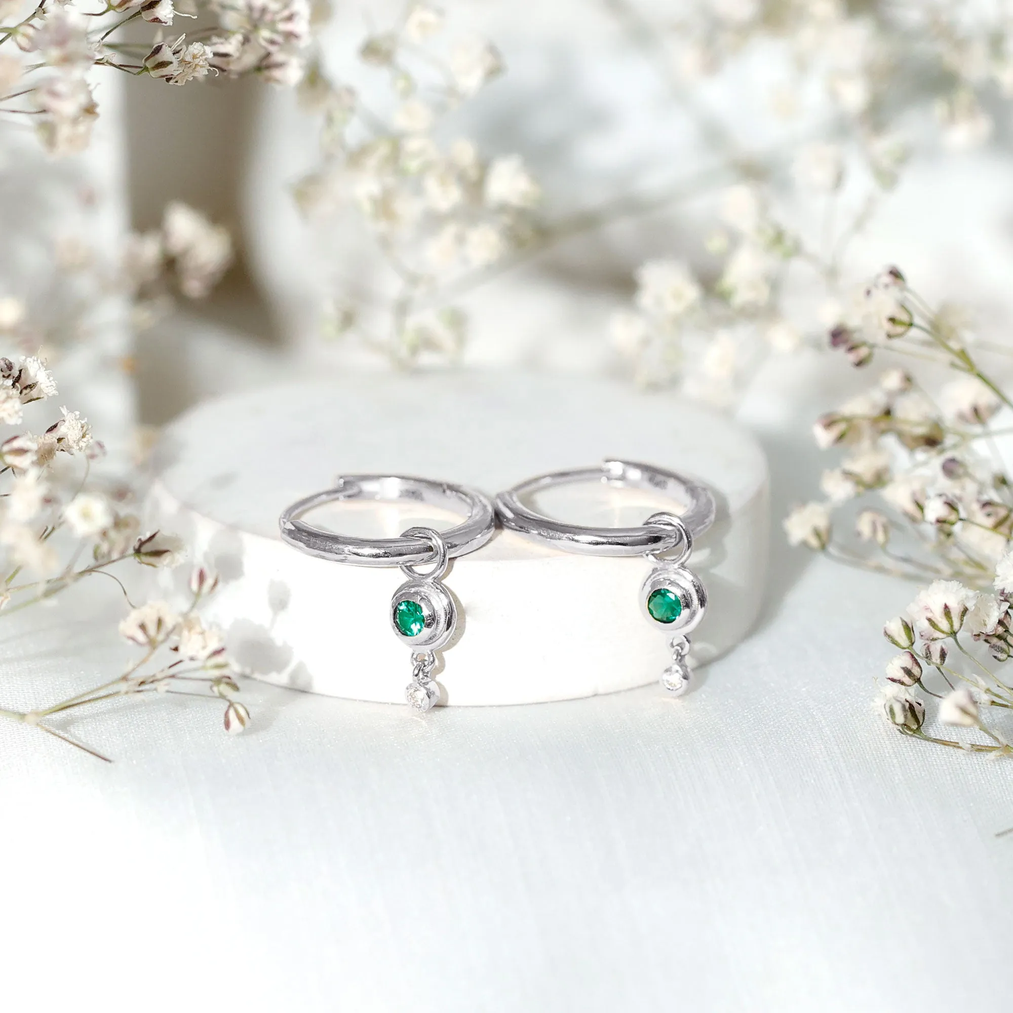 Simple Lab Grown Emerald and Diamond Drop Hoop Earrings