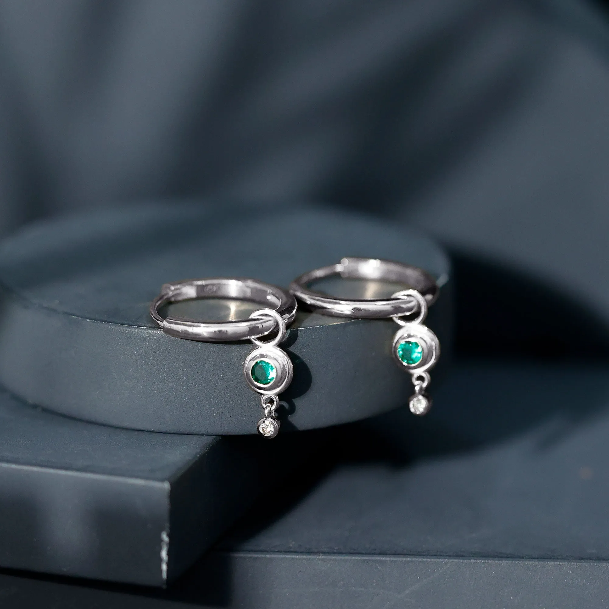 Simple Lab Grown Emerald and Diamond Drop Hoop Earrings