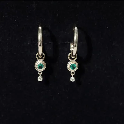 Simple Lab Grown Emerald and Diamond Drop Hoop Earrings