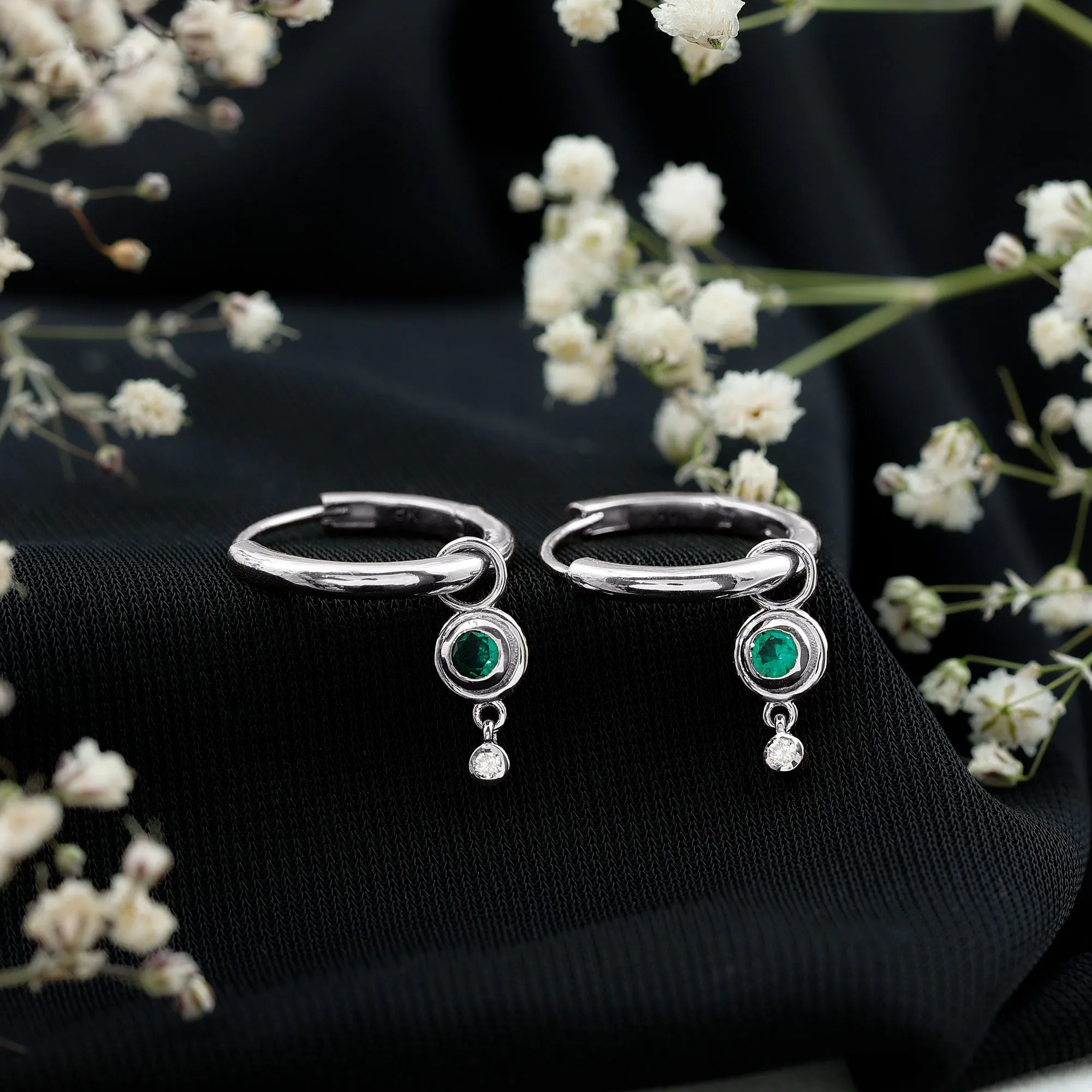 Simple Lab Grown Emerald and Diamond Drop Hoop Earrings