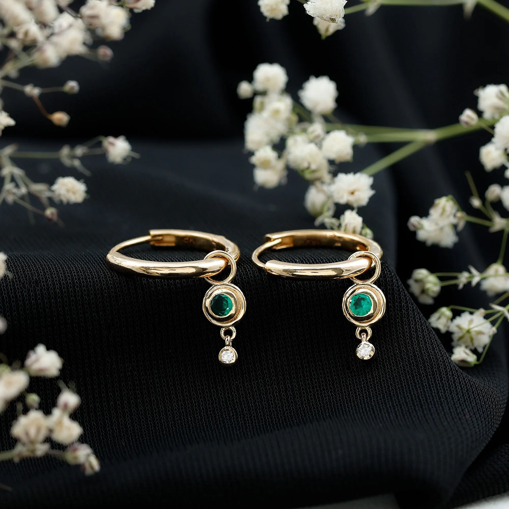 Simple Lab Grown Emerald and Diamond Drop Hoop Earrings