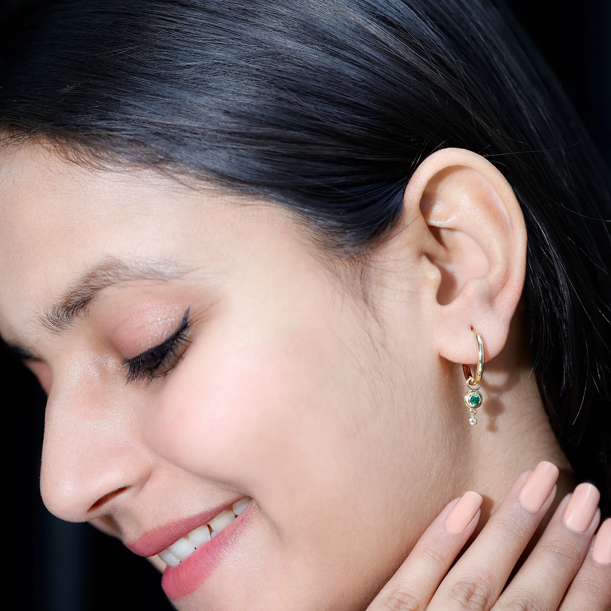 Simple Lab Grown Emerald and Diamond Drop Hoop Earrings