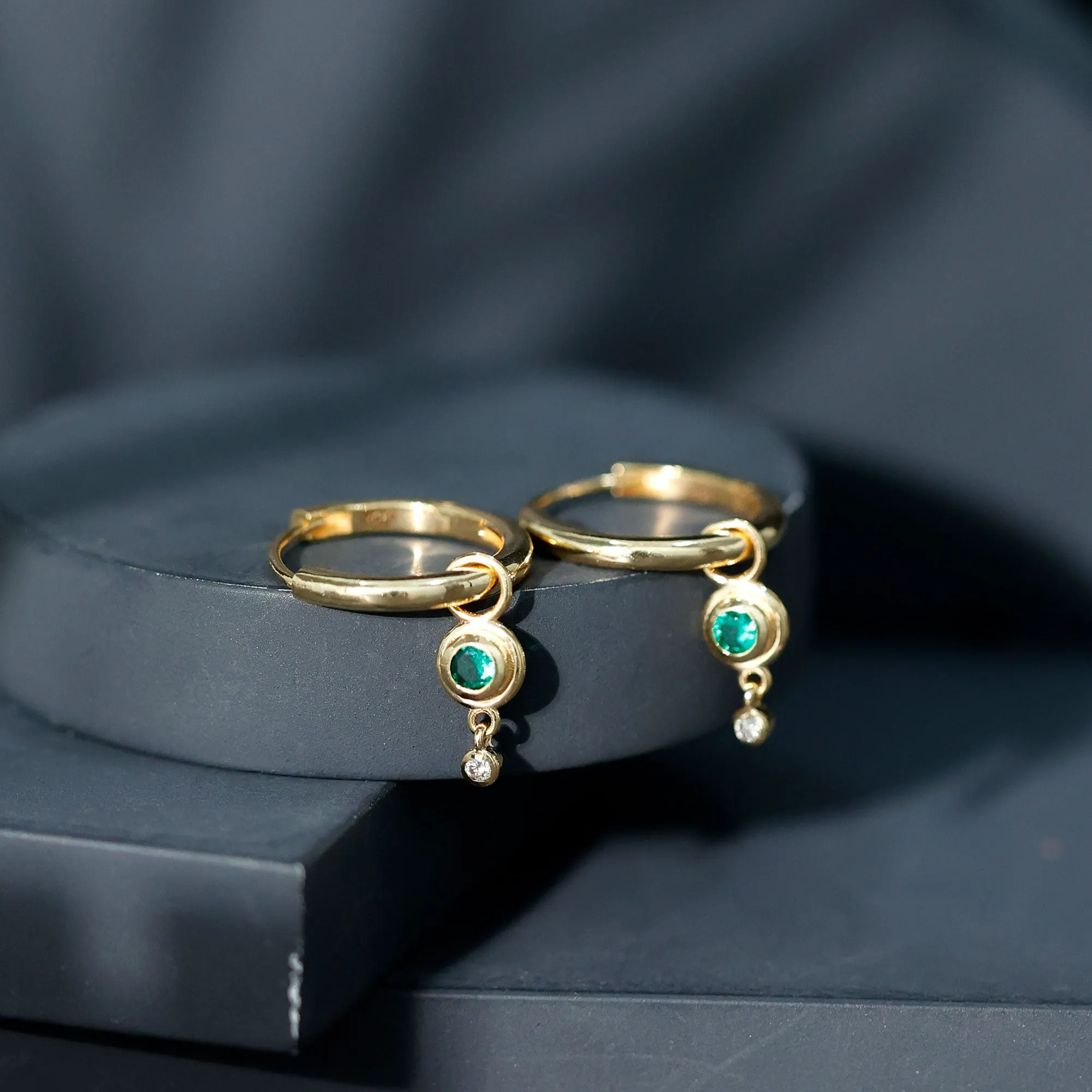 Simple Lab Grown Emerald and Diamond Drop Hoop Earrings
