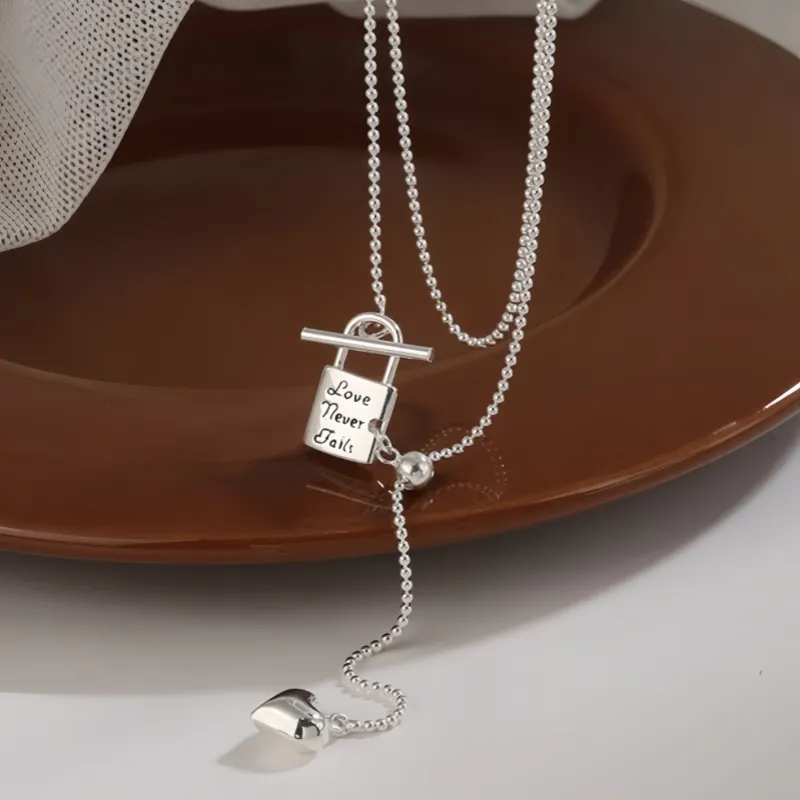Sterling Silver Adjustable Small Silver Lock Heart Tassel Necklace