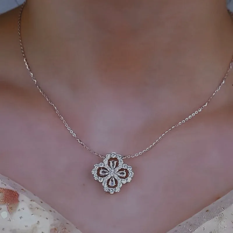 Sterling Silver Luxury Diamond Four-Leaf Clover Necklace