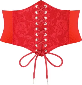 SUOSDEY Lace Floral Corset Belt for Women Wide Elastic Waist Lace-up Renaissance Pirate Stretch Cinch Belts