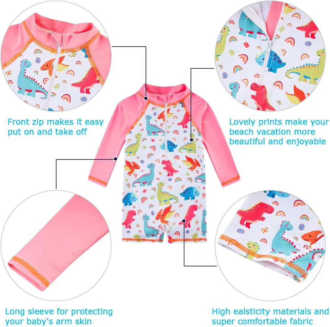 Toddler Baby Girls Swimsuit Long Sleeve Bathing Suit UPF 50  Rash Guard One Piece Zipper Swimwear 6 Months-4 Years