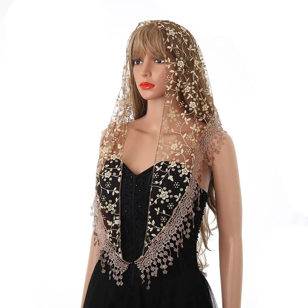 Ursumy Lace Mantilla Veils Triangle Lace Veil Catholic Church Veils Infinity Chapel Veil Tulle Scarf Head Covering Latin Mass (Brown)