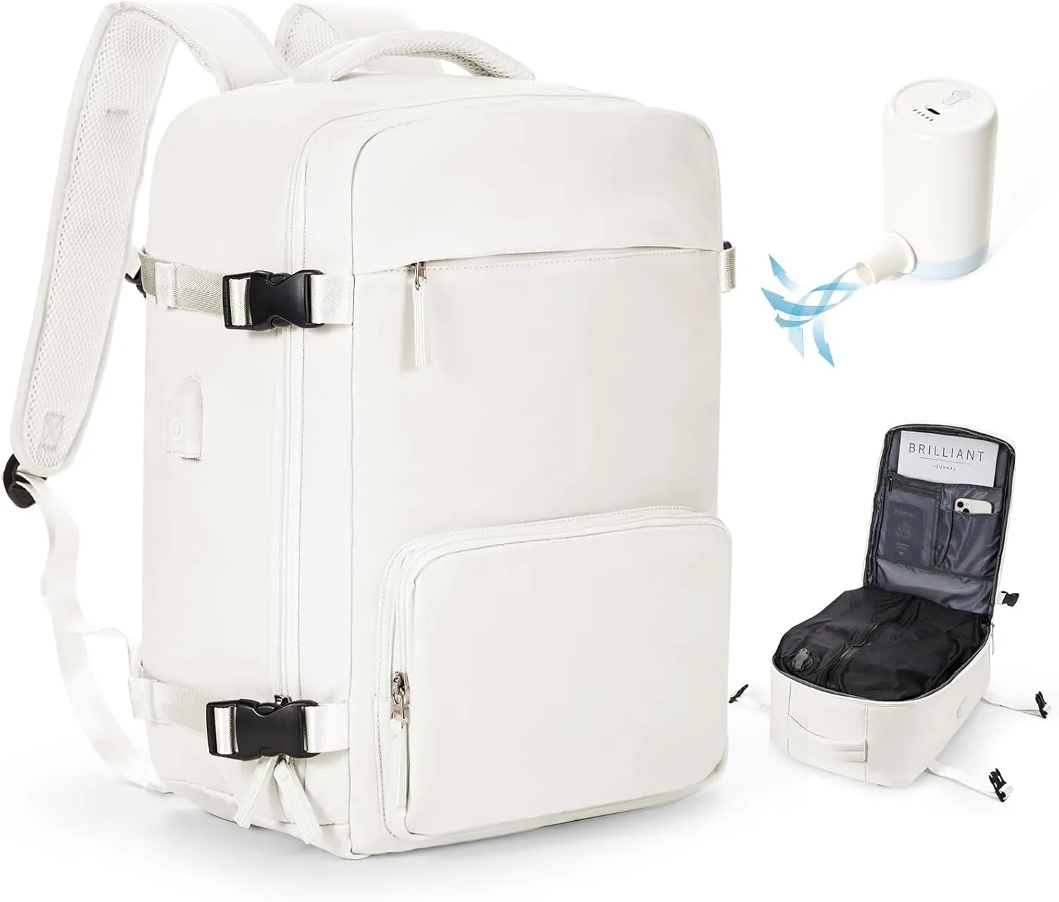 Vacuum Backpack Travel With Pump,Airback Personal Item Travel Bag,Waterproof Seal Compression bags, Carry on Flight Approved Backpack Grey and whiteWith Air Pump