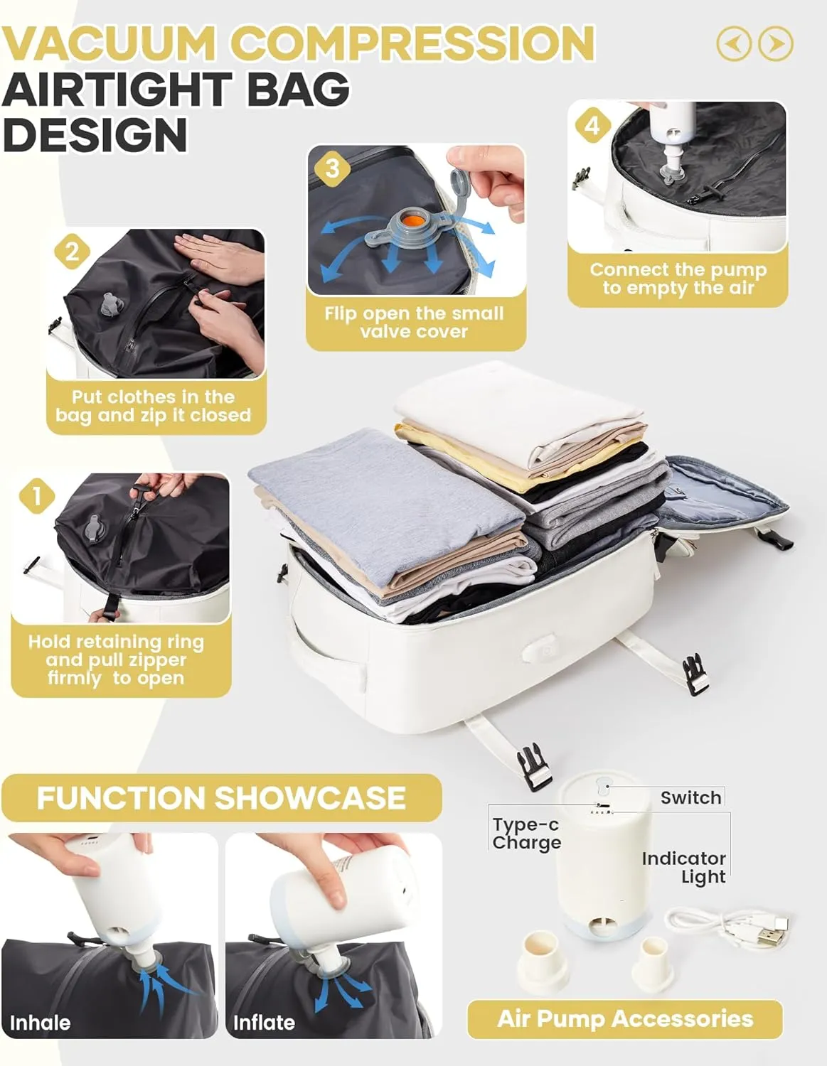 Vacuum Backpack Travel With Pump,Airback Personal Item Travel Bag,Waterproof Seal Compression bags, Carry on Flight Approved Backpack Grey and whiteWith Air Pump