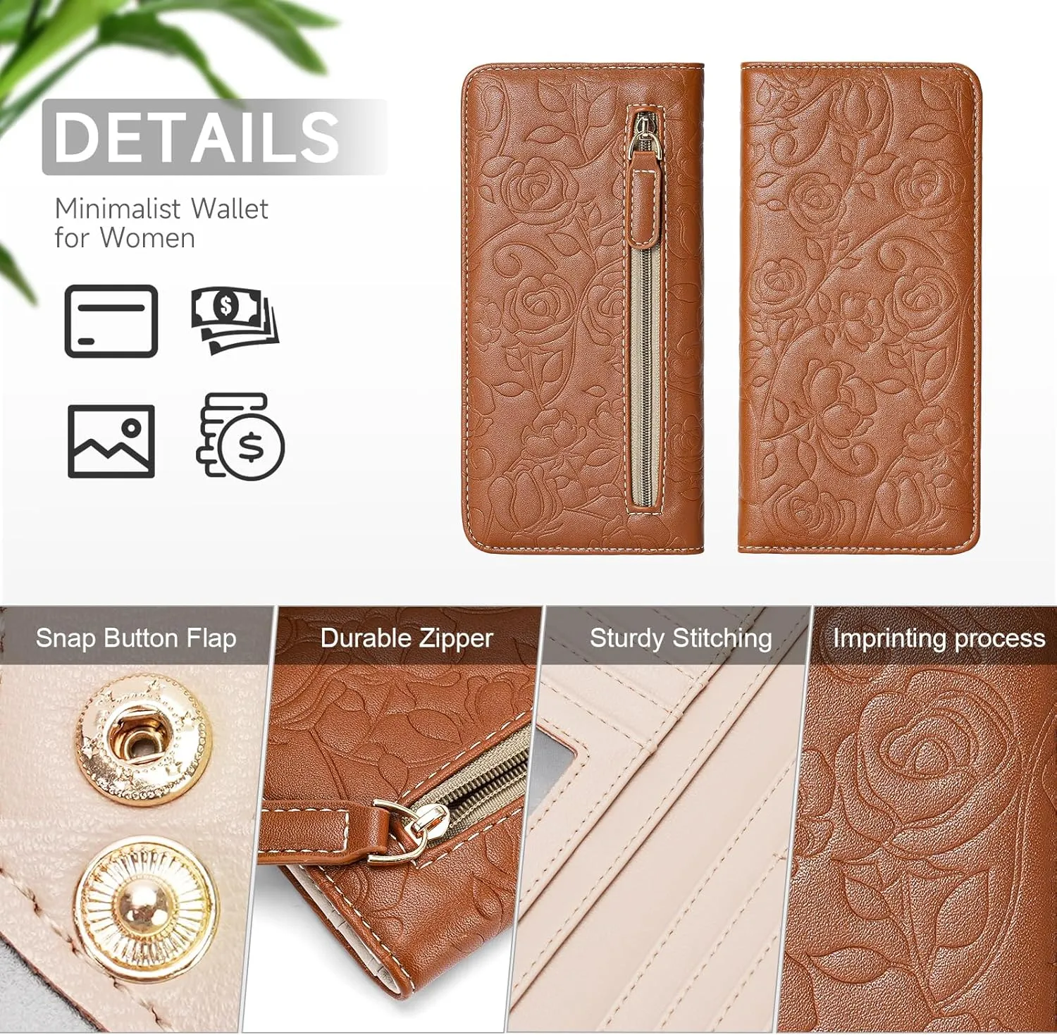 Wallet Women Ultra Slim Thin Womens Wallet RFID Blocking Bifold Clutch Long Ladies Wallet Rose BROWN