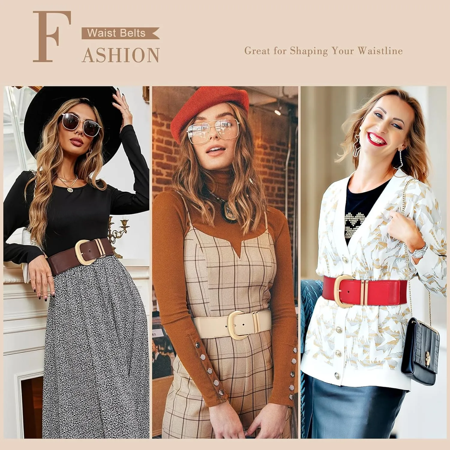 WHIPPY Women Wide Elastic Waist Belt for Dresses Fashion Gold Buckle Stretchy Leather Waistband for Ladies