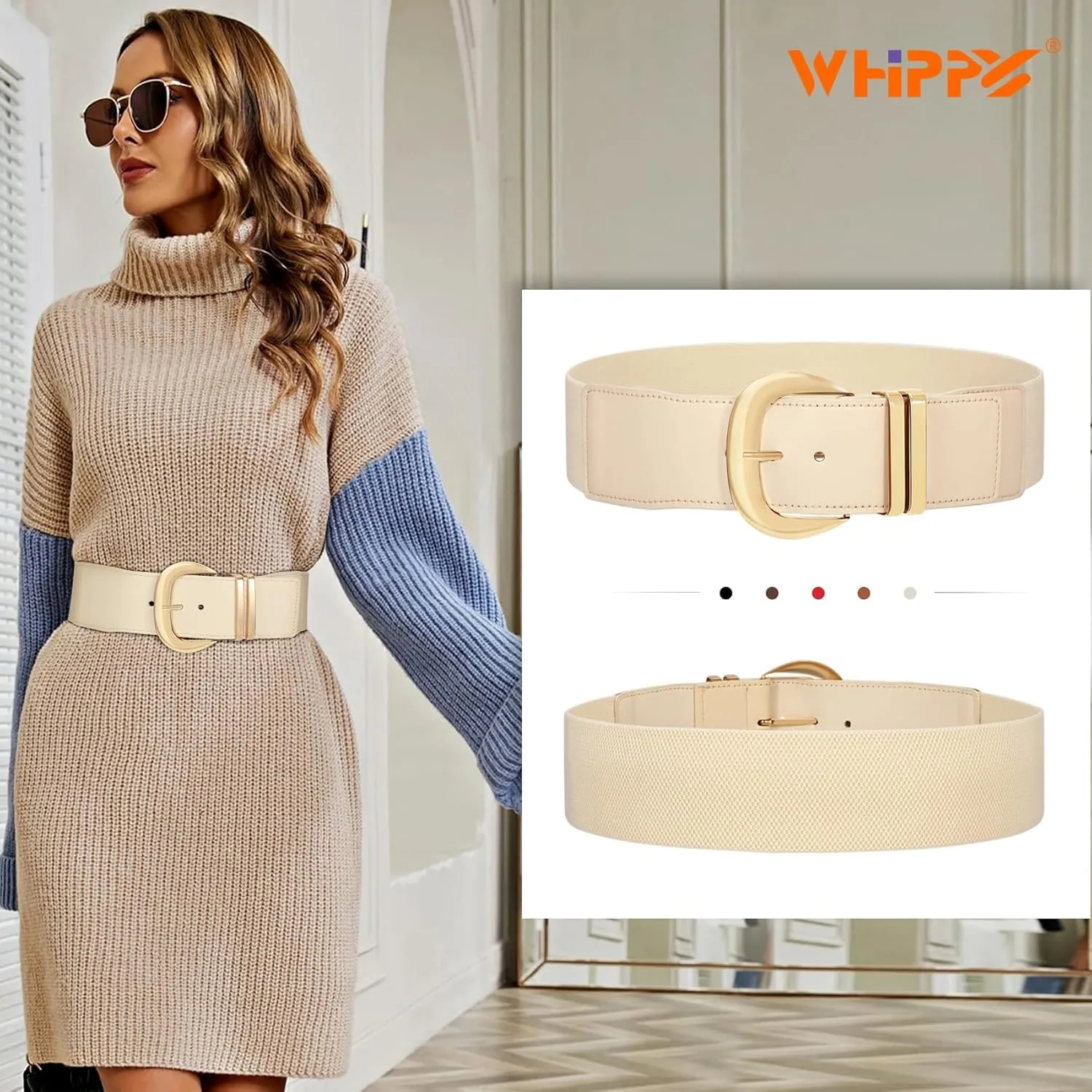 WHIPPY Women Wide Elastic Waist Belt for Dresses Fashion Gold Buckle Stretchy Leather Waistband for Ladies