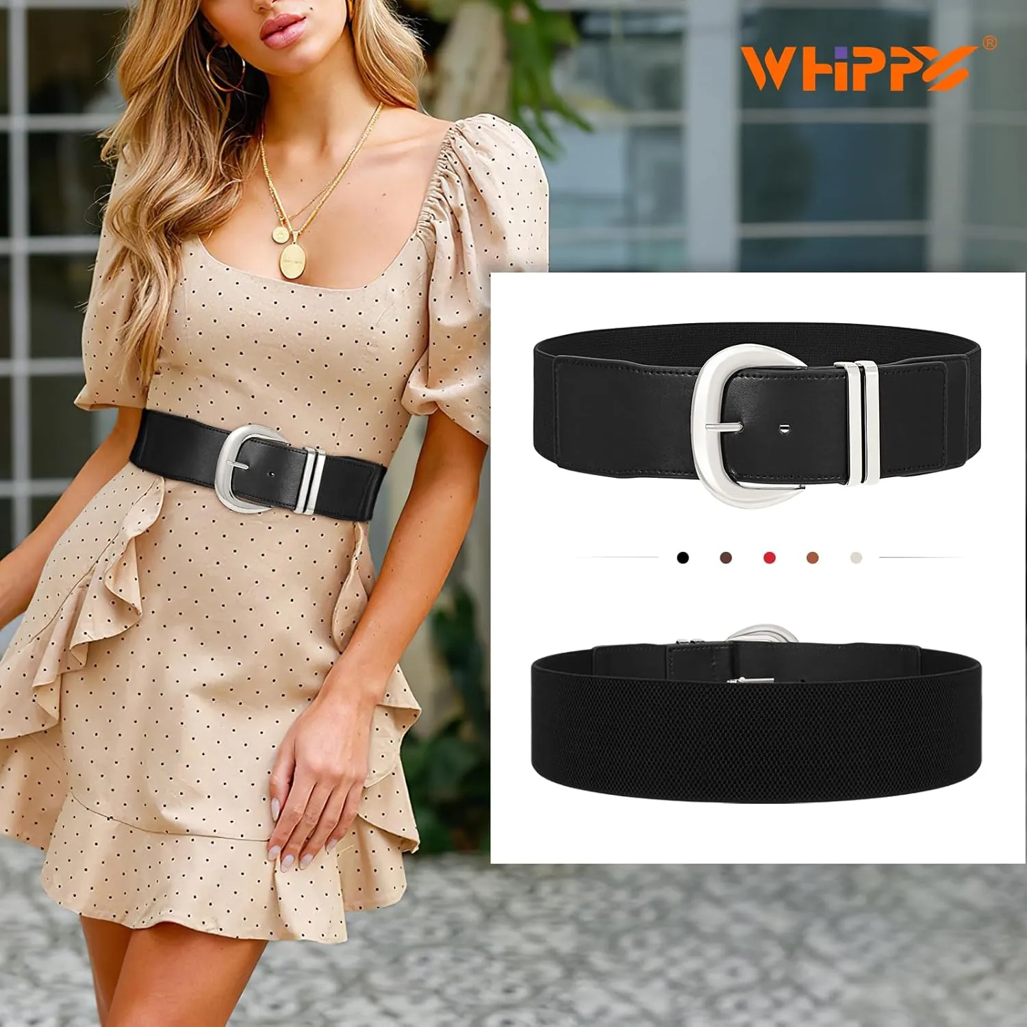 WHIPPY Women Wide Elastic Waist Belt for Dresses Fashion Gold Buckle Stretchy Leather Waistband for Ladies