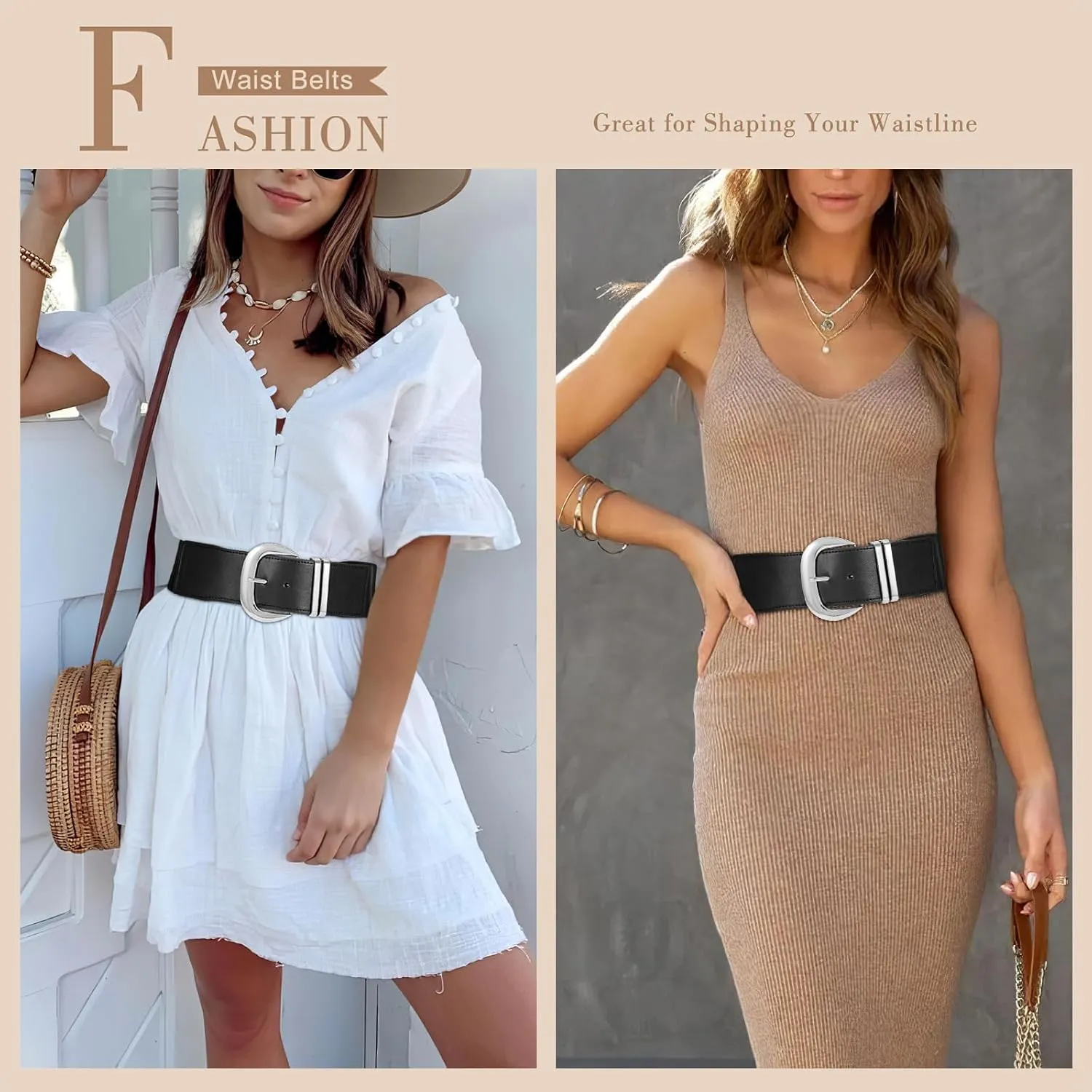 WHIPPY Women Wide Elastic Waist Belt for Dresses Fashion Gold Buckle Stretchy Leather Waistband for Ladies