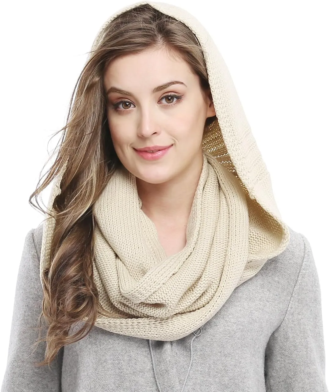 Winter Soft Pullover Knit Infinity Scarf Beanie Hoodie Scarf