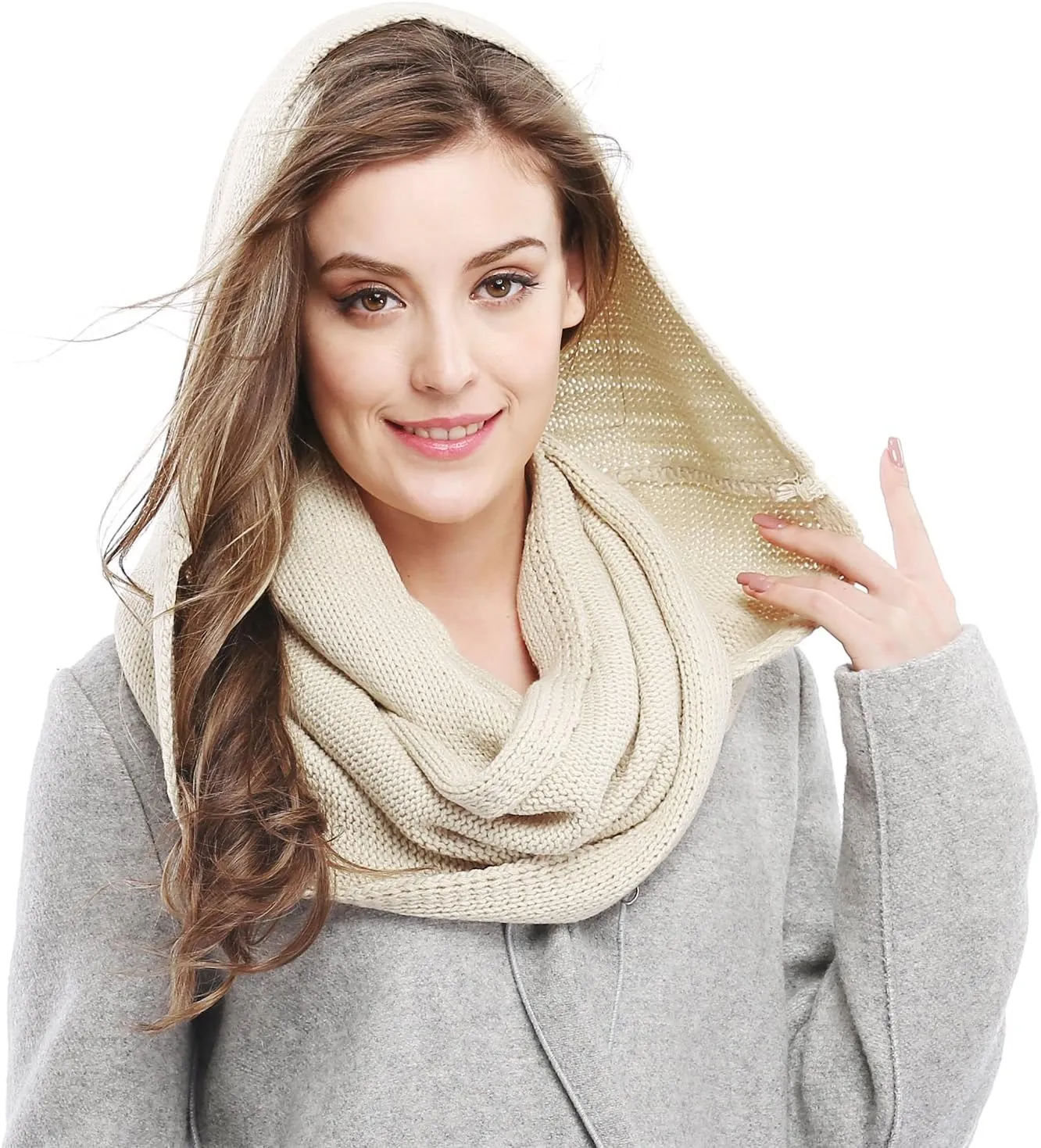 Winter Soft Pullover Knit Infinity Scarf Beanie Hoodie Scarf