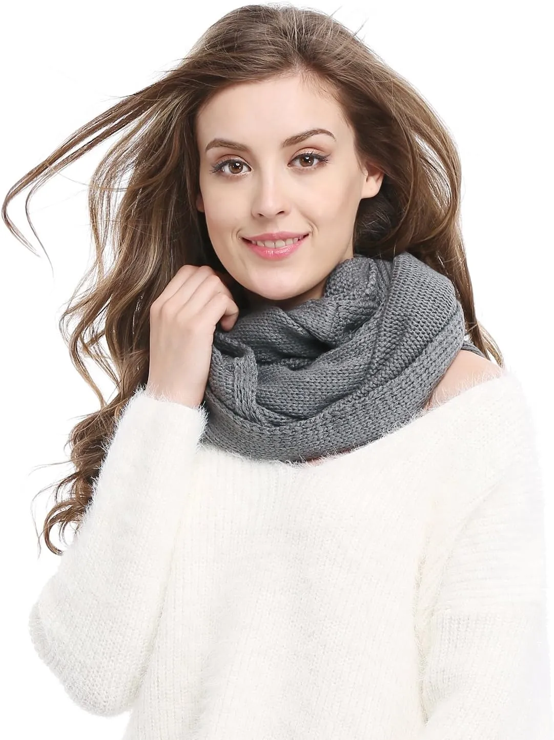 Winter Soft Pullover Knit Infinity Scarf Beanie Hoodie Scarf