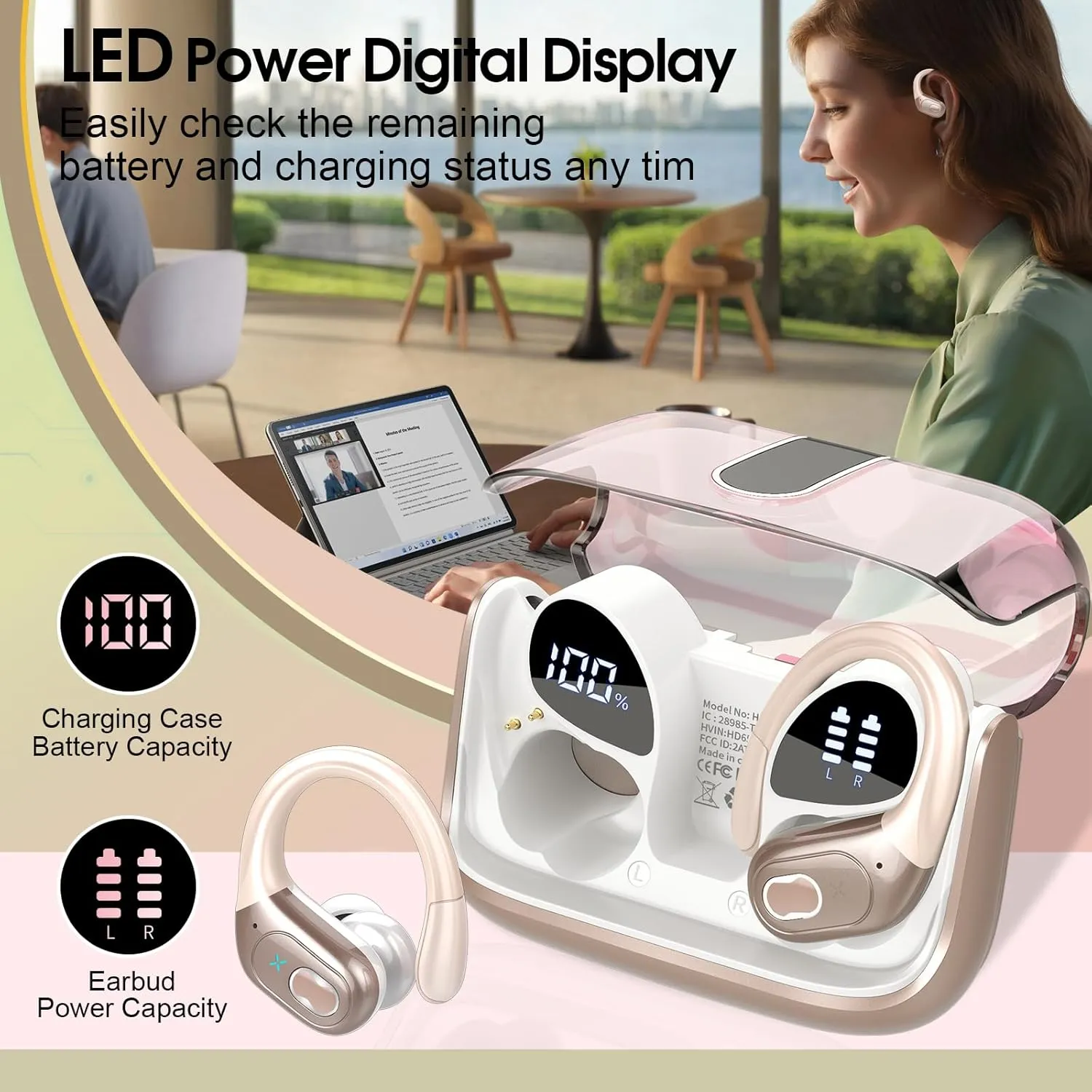 Wireless Earbuds 75hrs Bluetooth 5.4 Headphone Sport, 2025 Bluetooth Earbuds Stereo Deep Bass Over Ear Bud with Earhooks, ENC Noise Cancelling Mic, IPX7 Waterproof Earphone Rose Gold